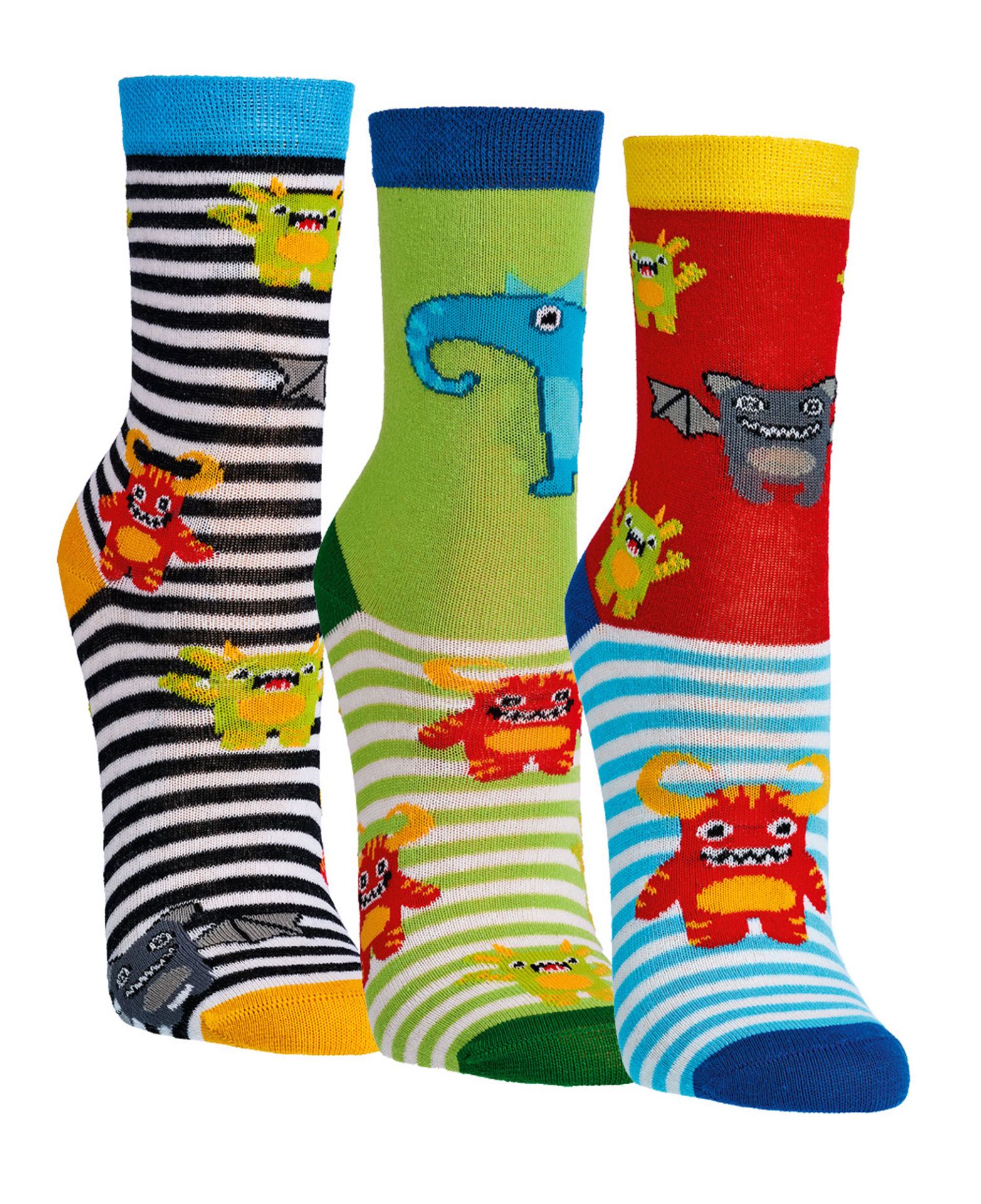 Bunte Kindersocken mit verschiedenen Monster-Motiven