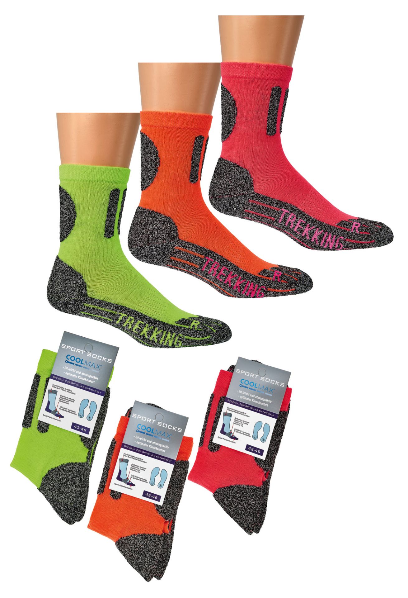 2 Paar Neon-Trekkingsocken mit COOLMAX