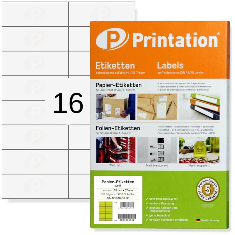 Printation 105 x 37 Etiketten weiß 1600 Aufkleber 105x37 selbstklebend