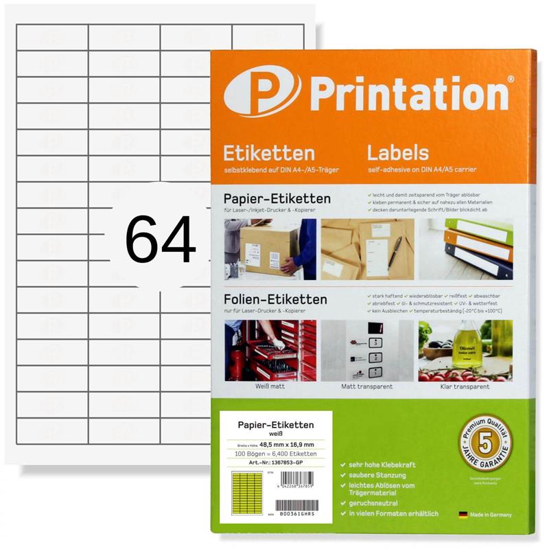 Printation 48,5 x 16,9 mm Etiketten weiß 6400 Aufkleber 48,5x16,9 A4
