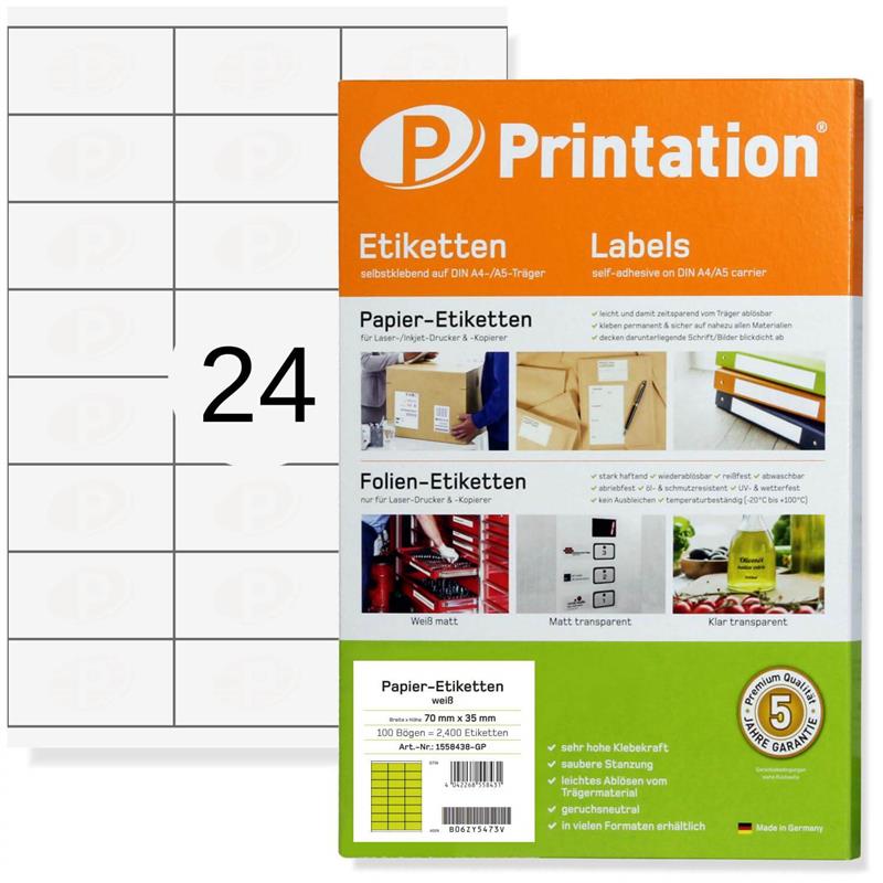 Printation 70 x 35 Etiketten weiß   2400 Aufkleber 70x35 Internetmarke