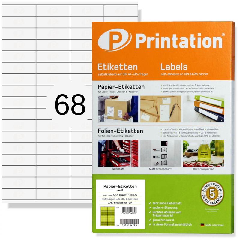 Printation 52,5 x 16,9 mm Klebe Etiketten weiß 6800 Aufkleber 52x16 A4