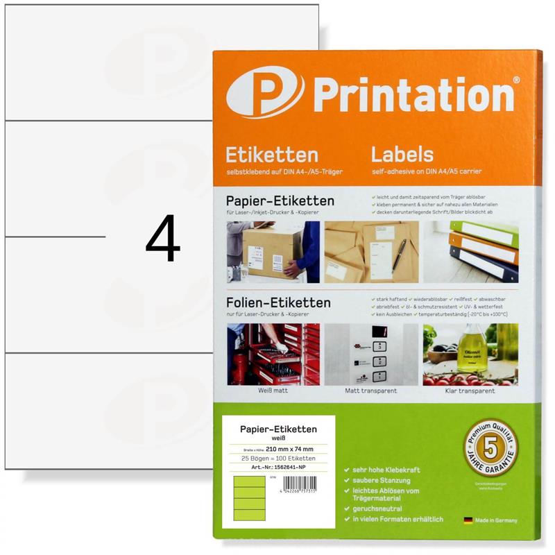 Printation 210 x 74 mm Klebe-Etiketten weiß  100 VDA Labels 210x74 25
