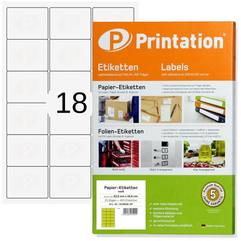 Printation 63,5 x 46,6 mm Etiketten weiß 450 Aufkleber 63,5x46,6 A4 25