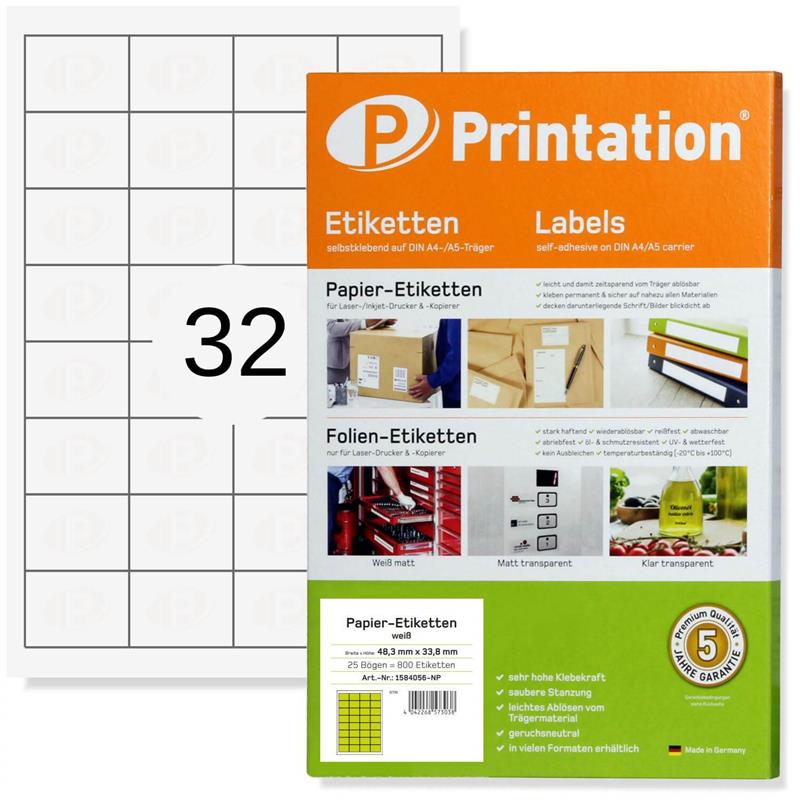 Printation 48,3 x 33,8 mm Etiketten weiß 800 Aufkleber 48,3x33,8 A4 25