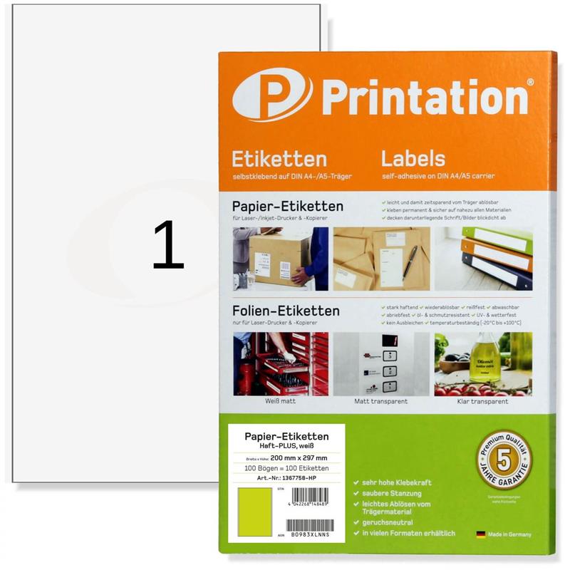 Printation 200 x 297mm Haft-PLUS Power Etiketten weiß stark haftend 200x297 A4