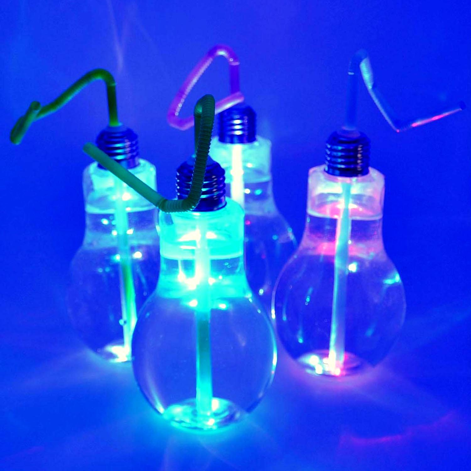 6 Kunststoff Trinkgläser Trinkglas im Glühbirnen Design Party Trinkhalm LED