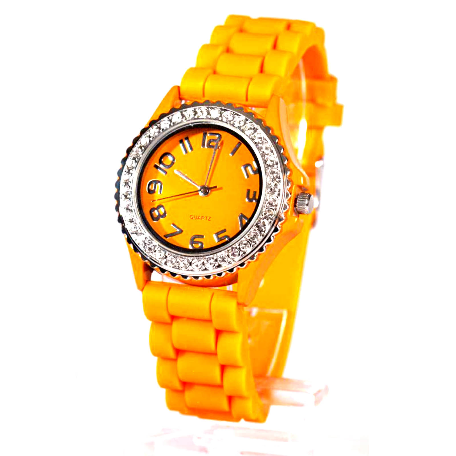 Armbanduhr Quarz Sportuhr Analog Uhr Orange mit Glitzersteinen Silikon Armband | Uhr_Strass_Orange