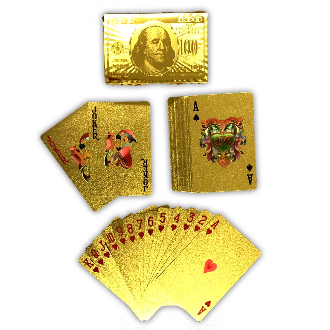 54 Plastik Spielkarten mit Goldüberzug 100$ Design | Karten_gold