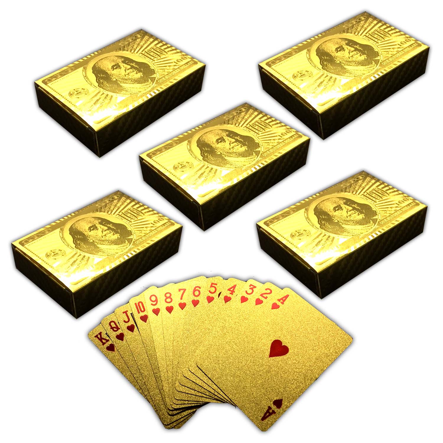 5x 54 Plastik Spielkarten mit Goldüberzug 100$ Design | 5er_Karten_gold