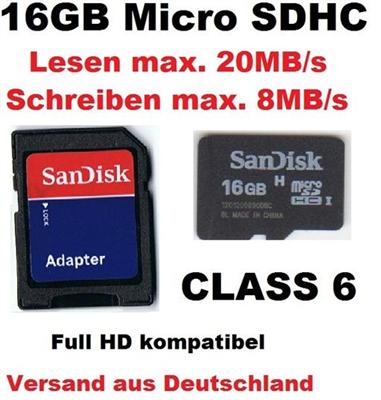 16GB microSDHC Speicherkarte + SD Adapter, SanDisk, CLASS 6