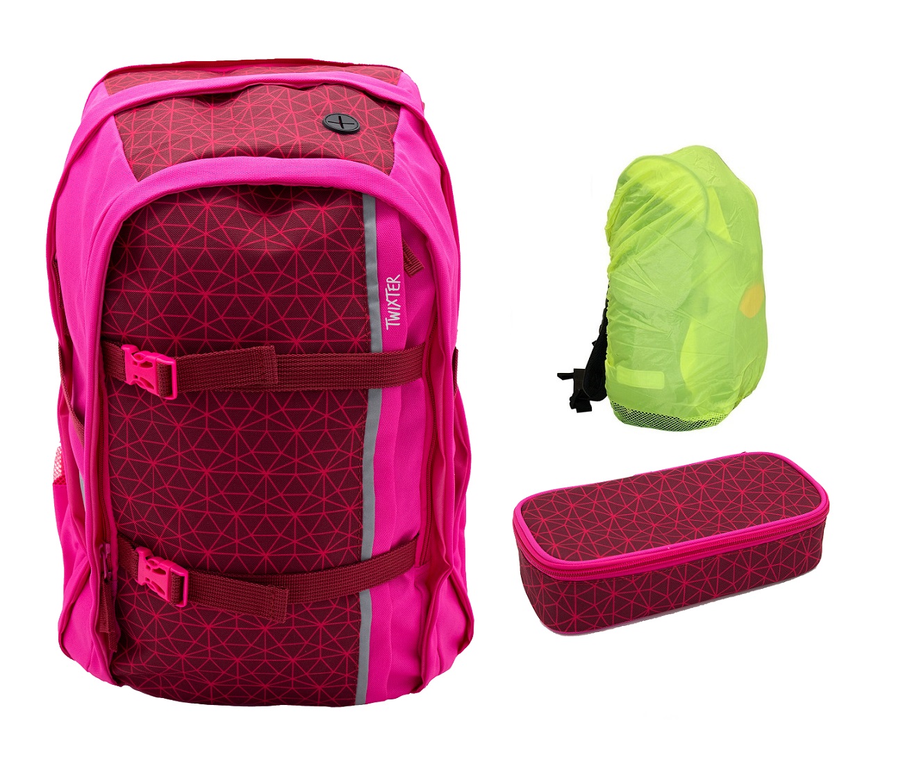 NEOXX Active Schulrucksack Pink in und Regenschutz famous Schlamperbox 3tlg. Set mit