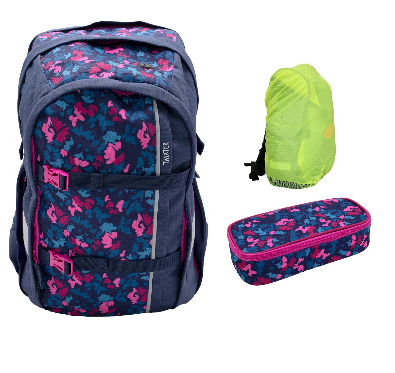 Regenschutz Schulrucksack mit Fancy TWIXTER Set 3tlg. Schlamperbox Undercover und Pink