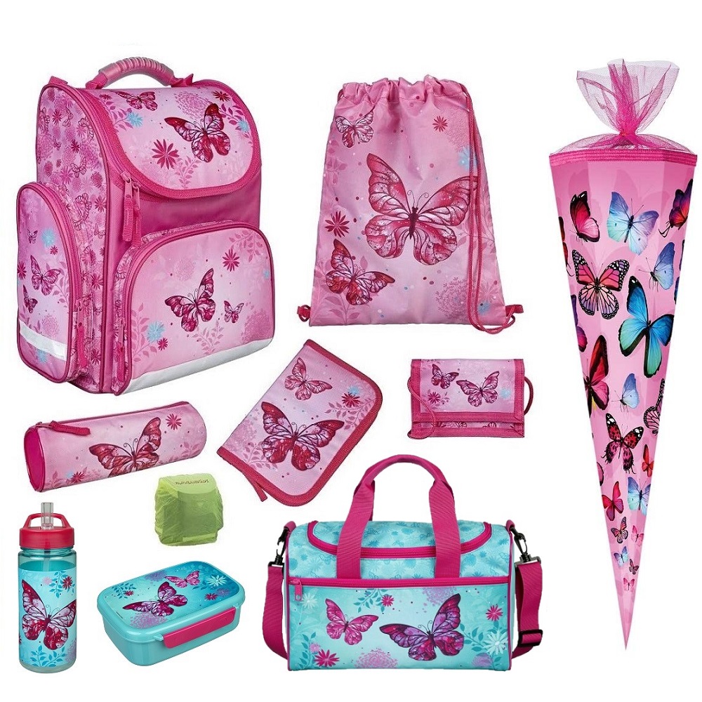 Butterfly Schulranzen Set 10-teilig mit Sporttasche und Schultüte Schmetterlinge Rosa