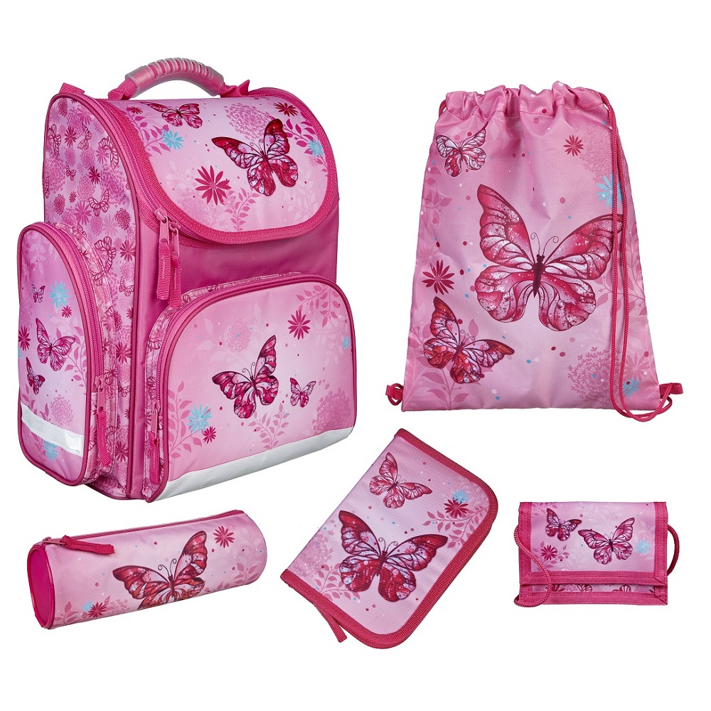 Mädchen Schulranzen mit rosa Schmetterlingen Frontansicht linke Seite mit Reißverschluss Tasche