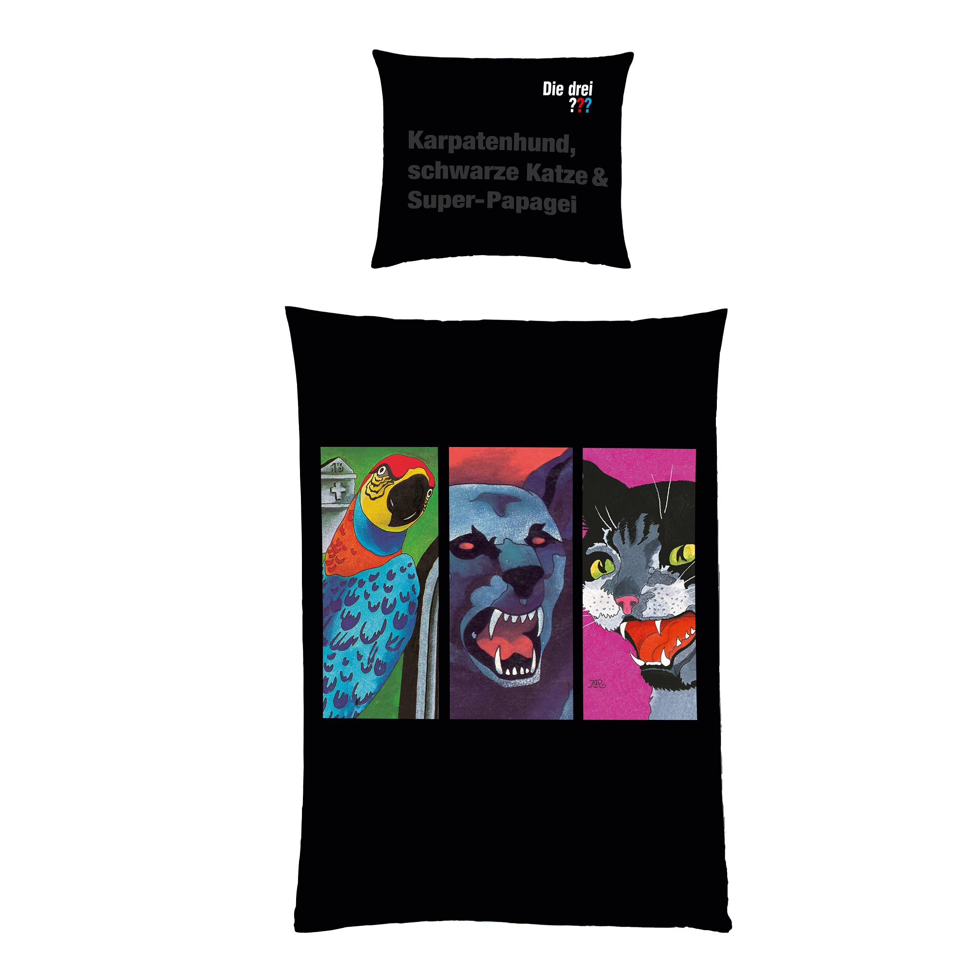 Detailansicht Vorderseite Bettdecke mit Tieren Super-Papagei, Karpatenhund und schwarzer Katze im 3-er Porträt nebeneinander vor schwarzem Grund