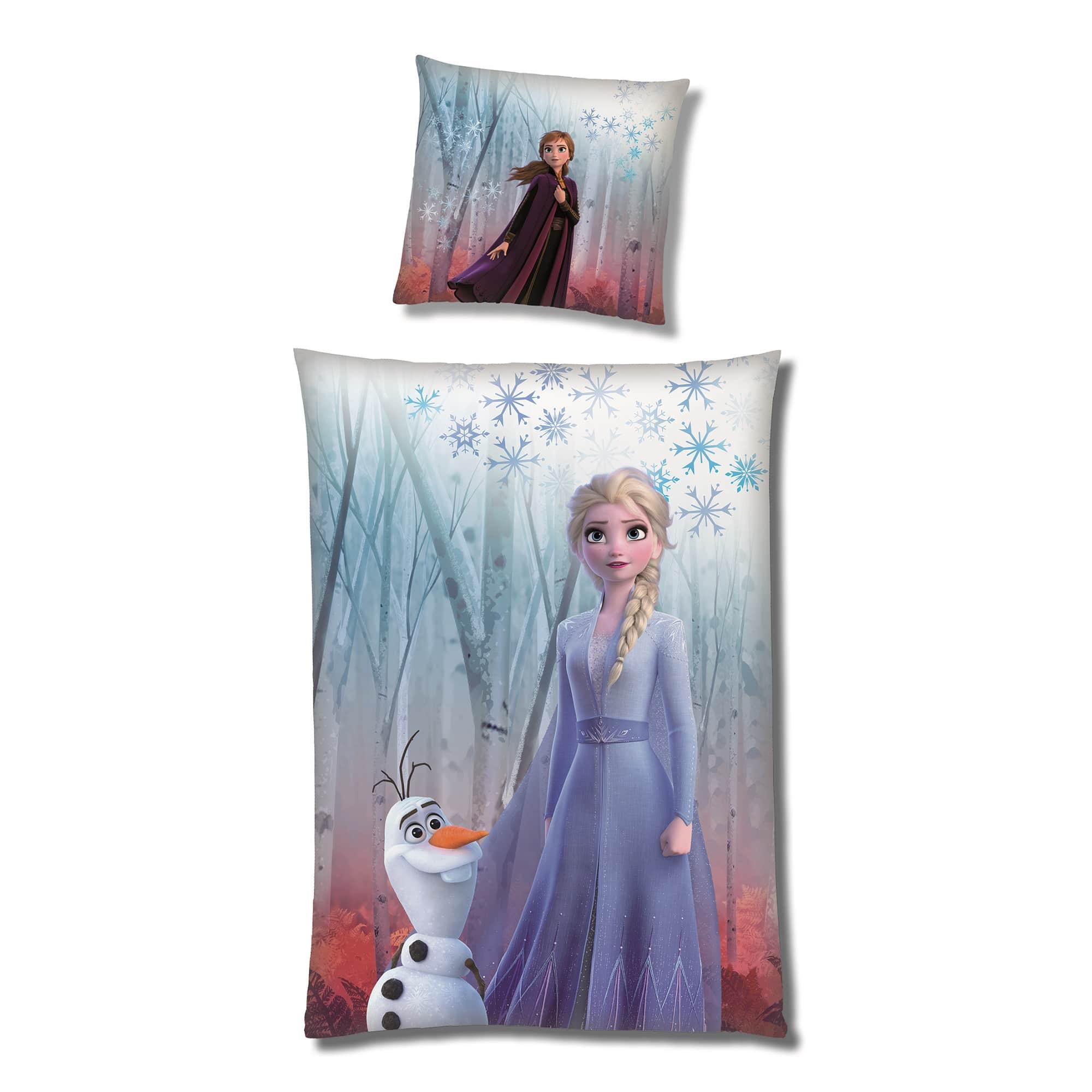 Frozen Anna und Elsa Microfaser Bettwäsche Vorderseite mit Elsa und Olaf auf Decke und Anna auf Kopfkissen