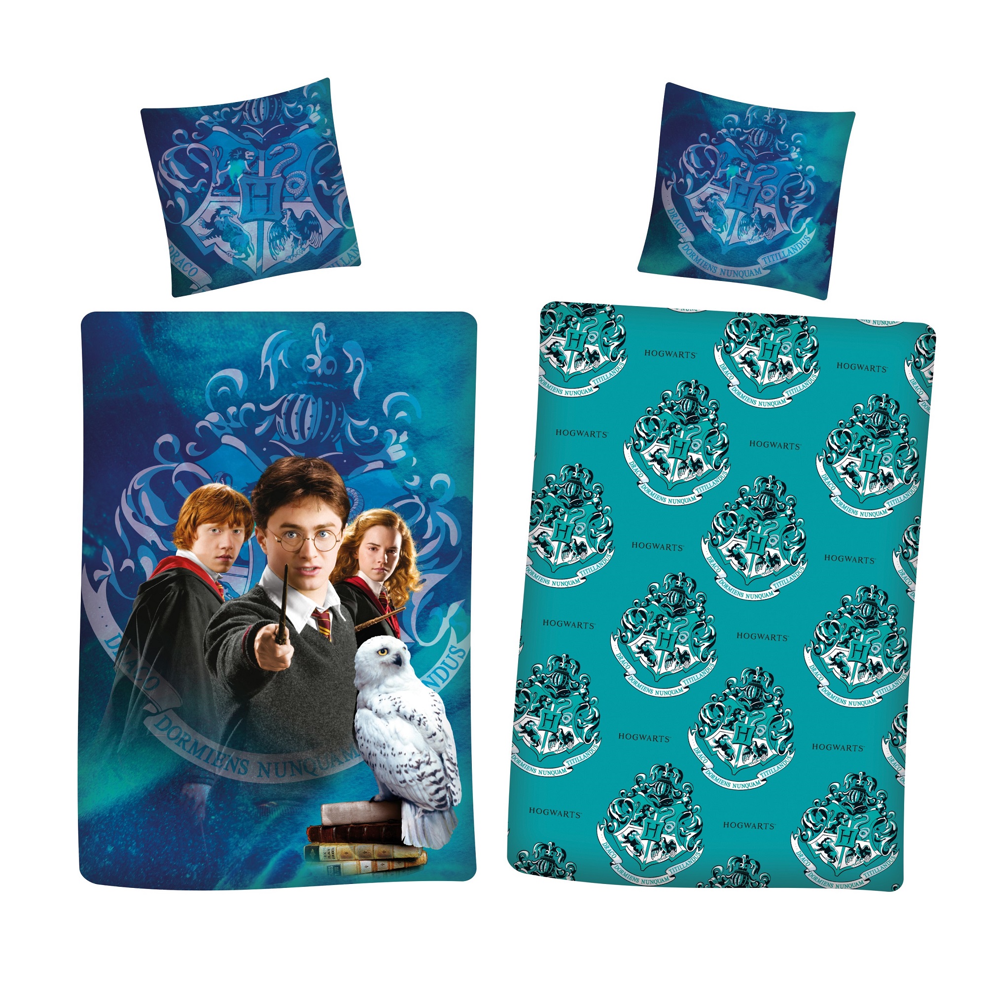 Blaue Harry Potter Bettwäsche mit Ron, Hermine und Eule Hedwig in Flanell Qualität 135x200 cm