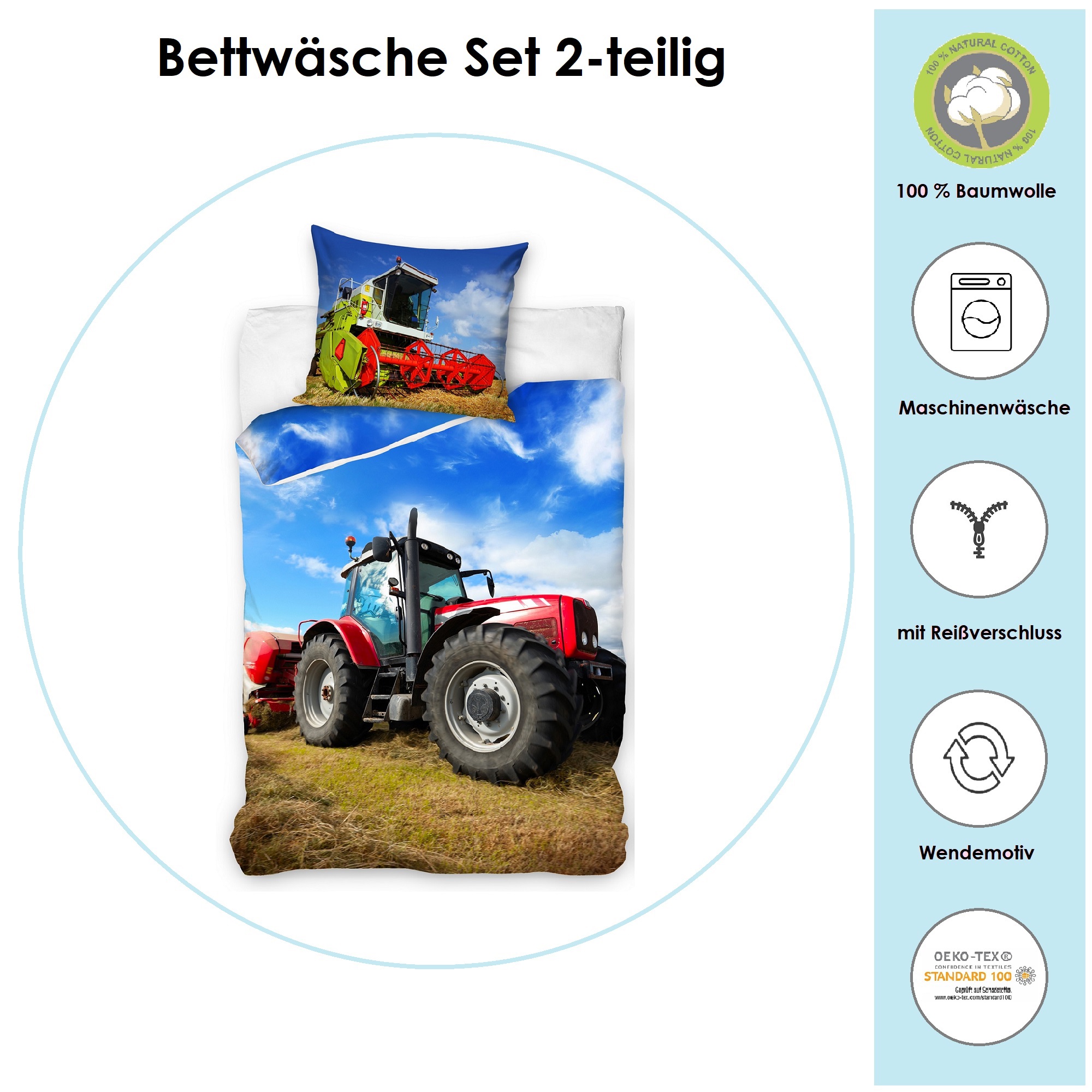 Traktor Bettwäsche für Jungen 135x200 80x80 cm mit Mähdrescher aus 100%  Baumwolle