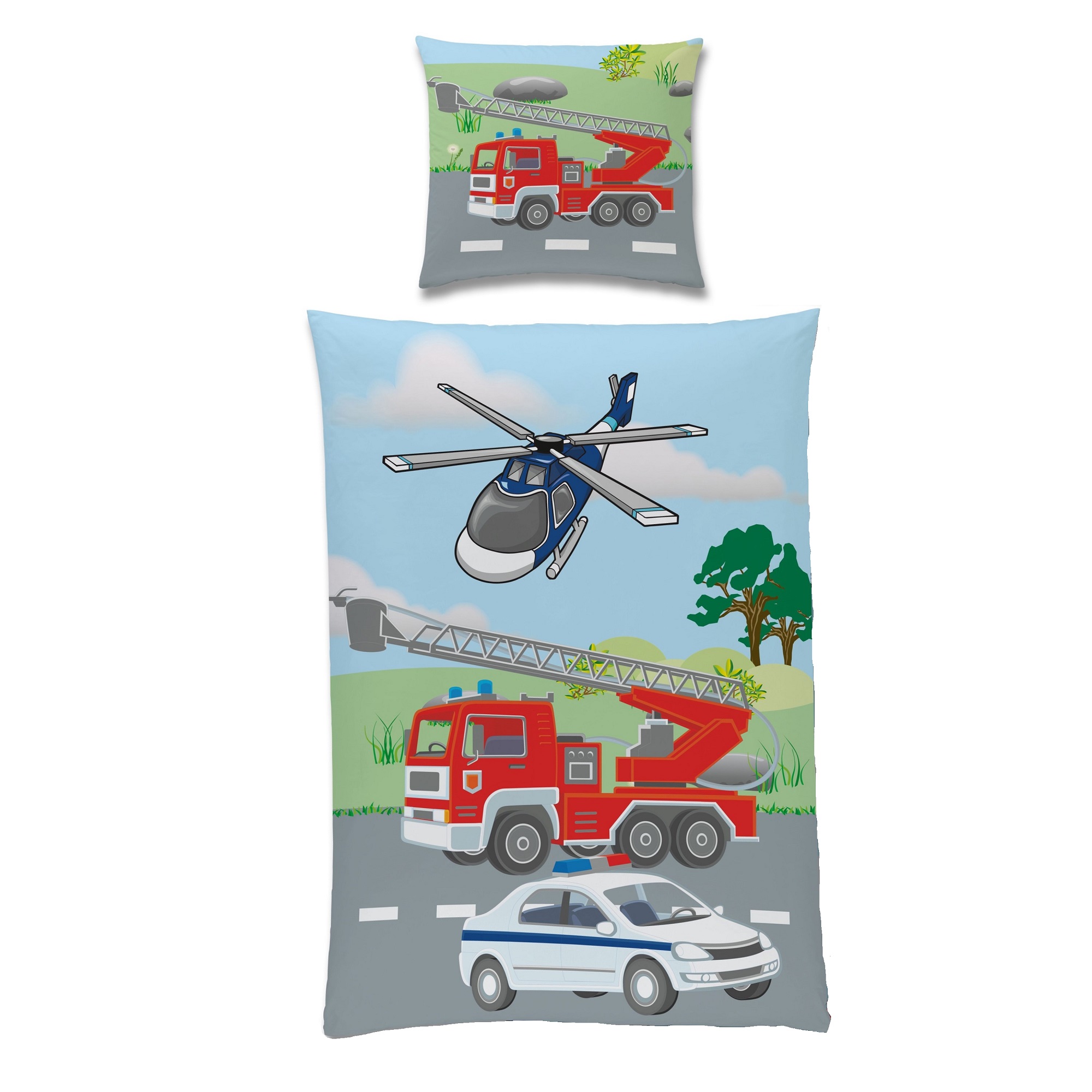 Vorderseite Kinderbettwäschew mit Feuerwehrauto Polizeiauto und Hubschrauber 135x200 cm