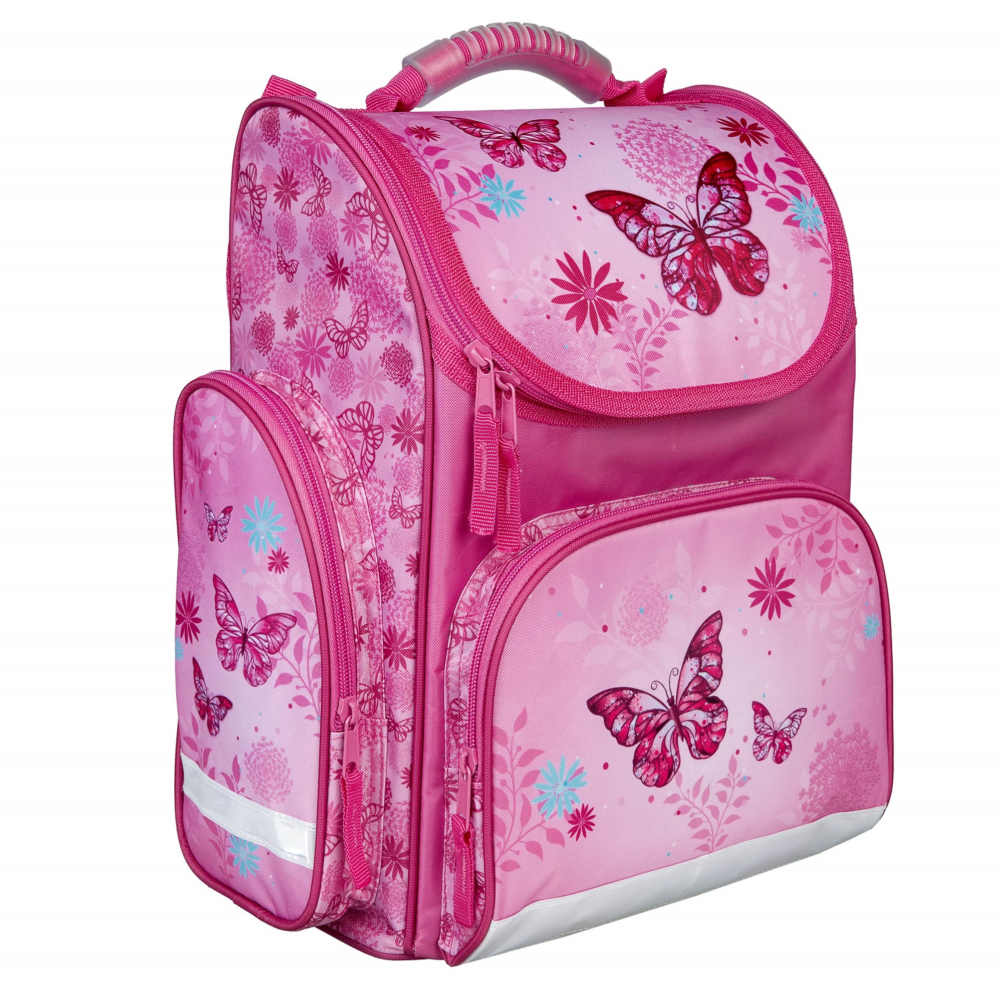 Mädchen Schulranzen mit rosa Schmetterlingen Frontansicht linke Seite mit Reißverschluss Tasche