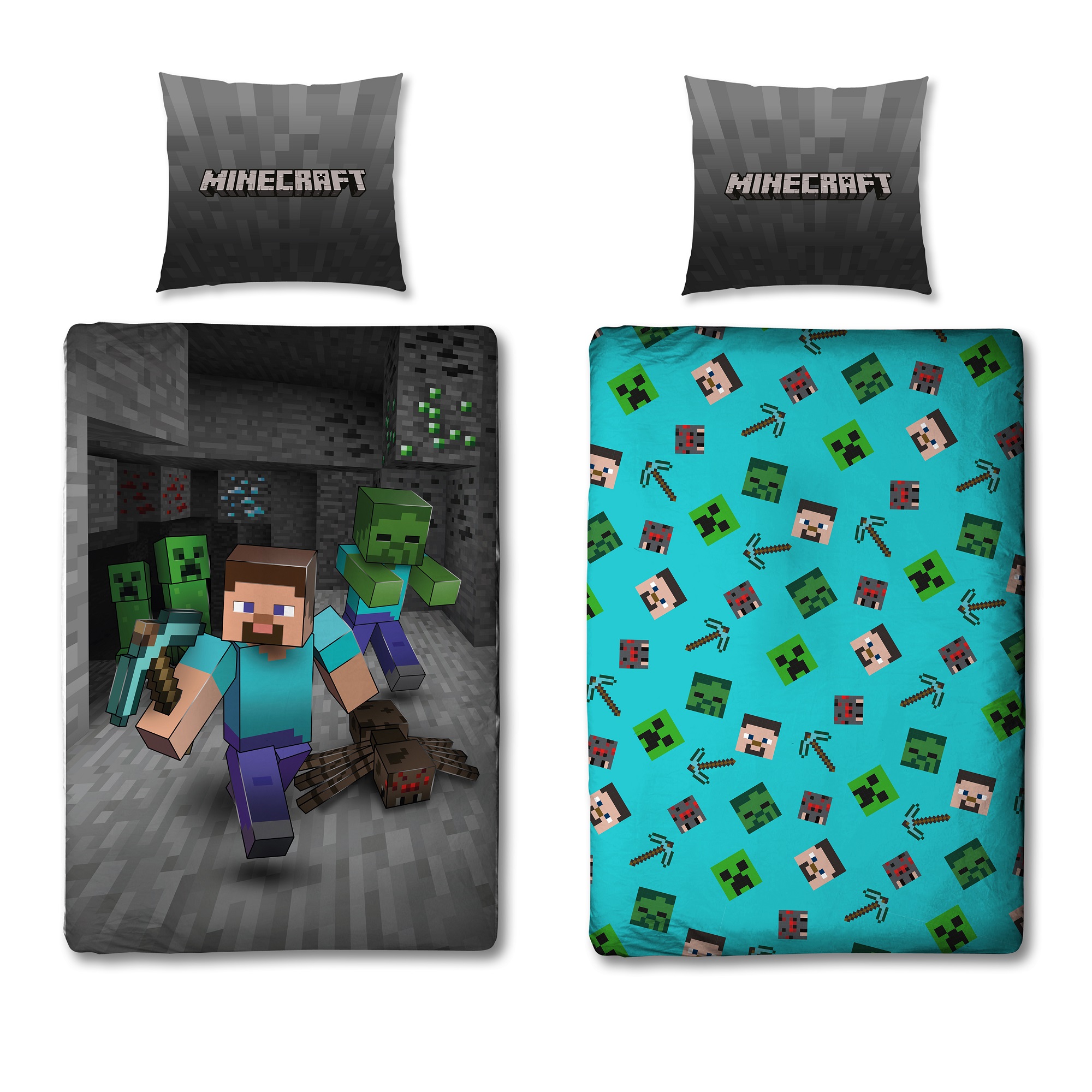 Minecraft Bettwäsche für Jungen 135x200 mit Wendemotiv Steve Creeper Zombies vorne und Symbolen auf der türkisen Rückseite
