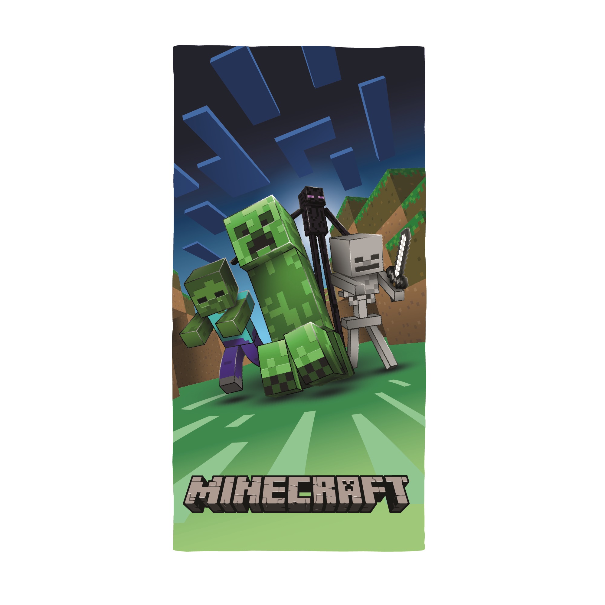 Minecraft Strandtuch 70x140 cm für Jungen in Grün und Blau mit Schriftzug unten, Creeper und Zombies in Pixel Optik mittig