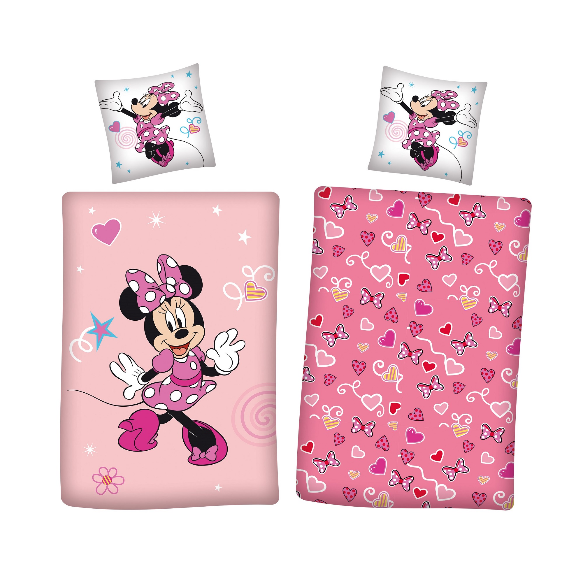 Rosa Minnie Mouse Bettwäsche mit weißen Kopfkissen und Minnie Motiv in Flanell Qualität 135x200 cm
