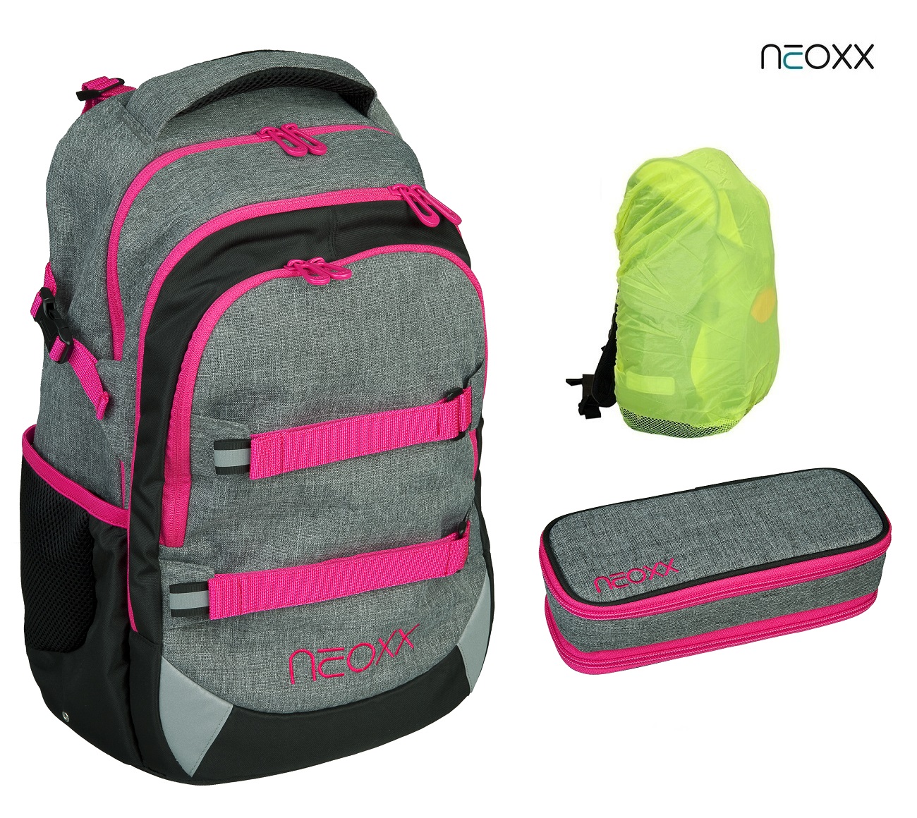 Schulrucksack mit Schlamperbox und nation Regenschutz NEOXX Camo Set 3tlg. Active