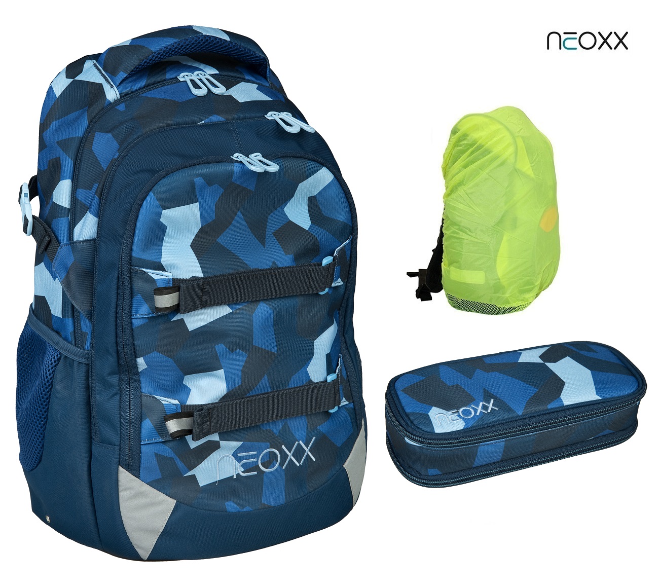 NEOXX Active Schulrucksack Camo nation Schlamperbox 3tlg. Set Regenschutz und mit