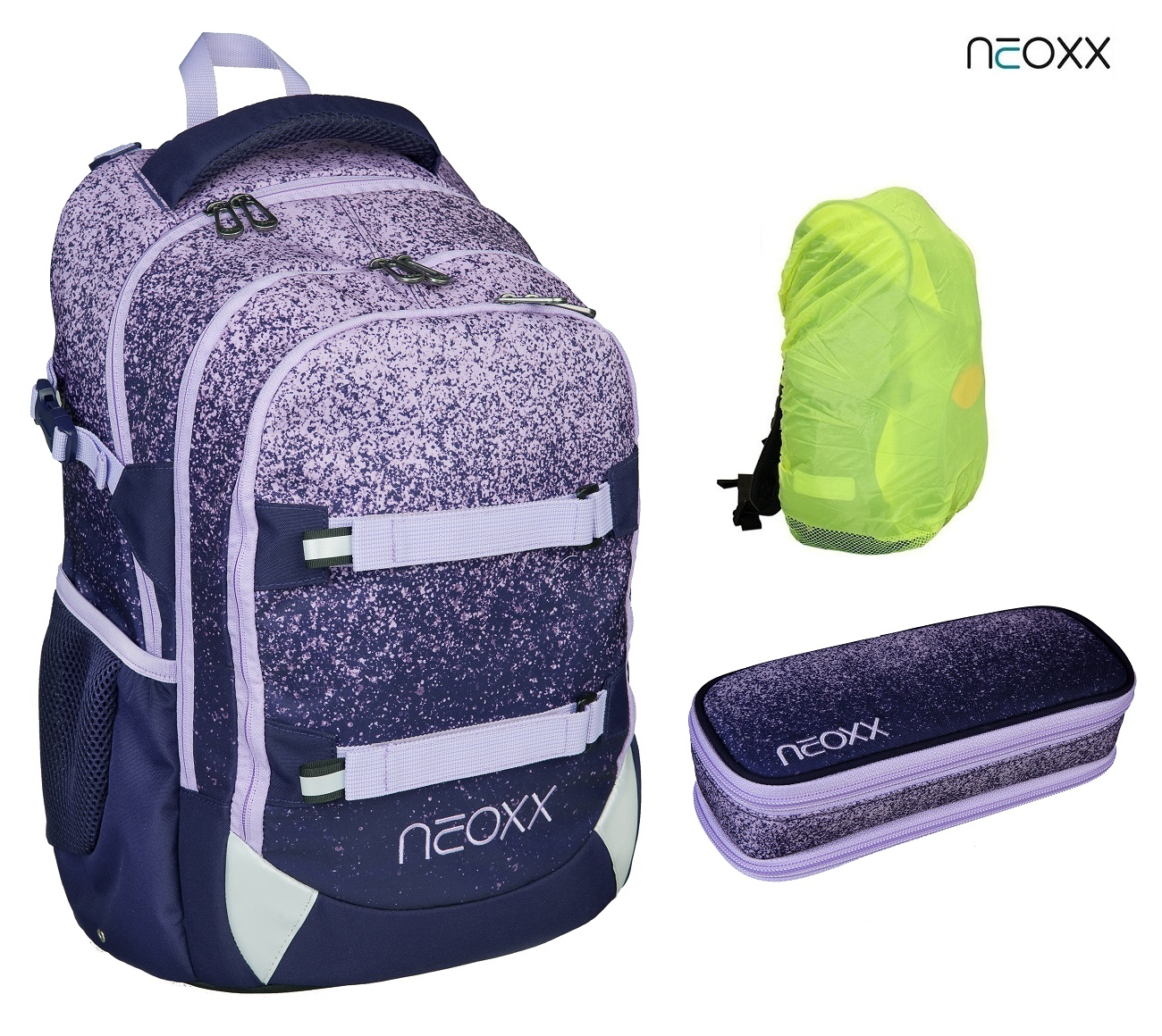 NEOXX Active Schulrucksack 3tlg. und Schlamperbox be Mint to mit Set Regenschutz
