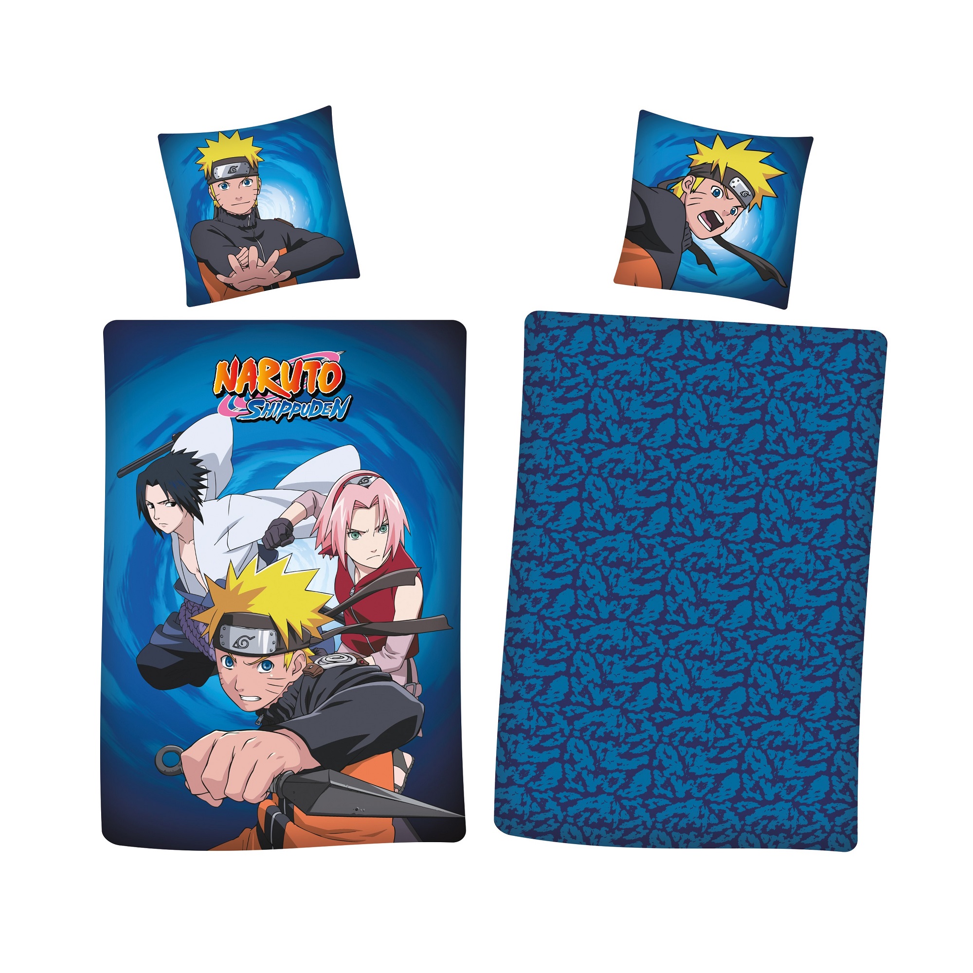Blaue Flanell Bettwäsche für Jungen 135x200 cm mit Naruto Shippudem, Sasuke und Sakura