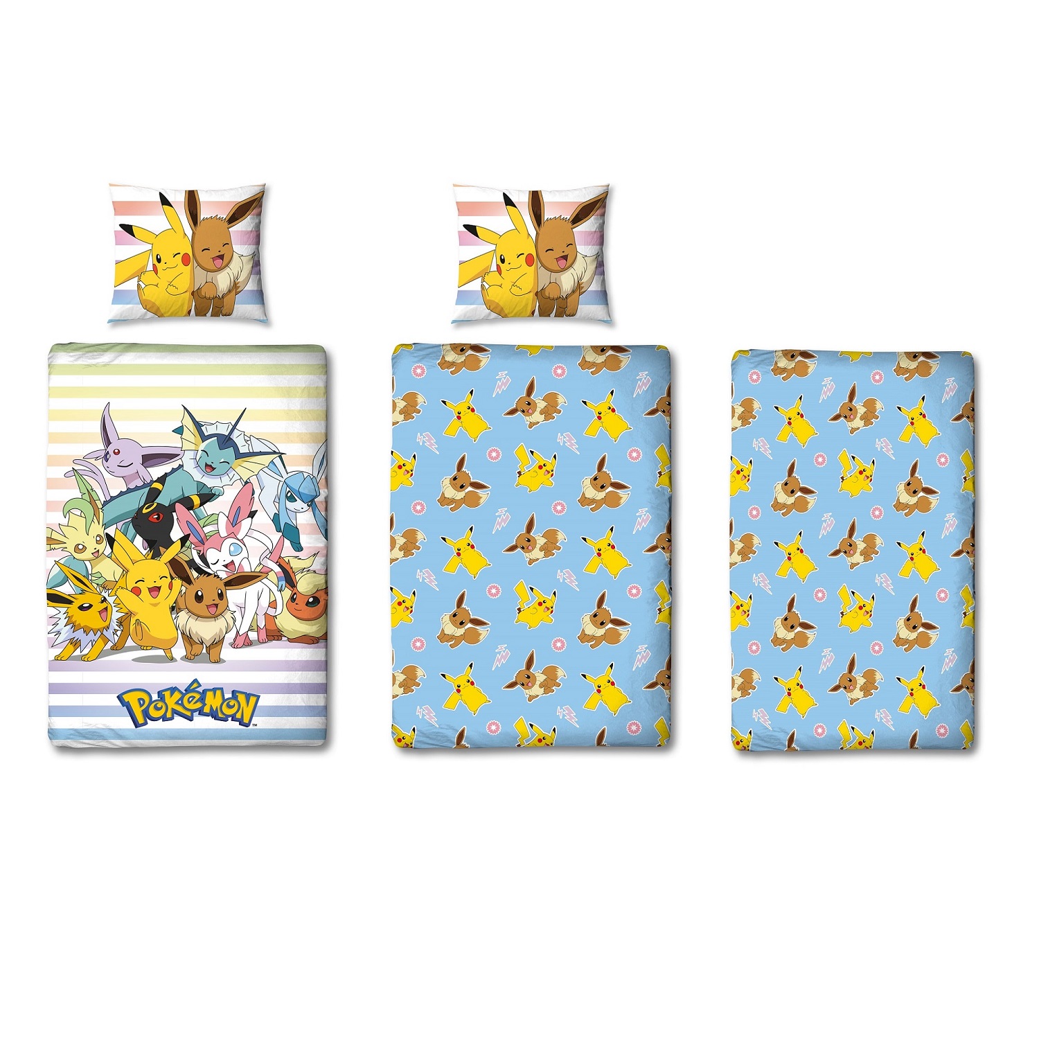 3er Set Kinderbettwäsche mit Spannbetltlaken Pokemon hellblau mit Pikachu und weiteren Pokemon