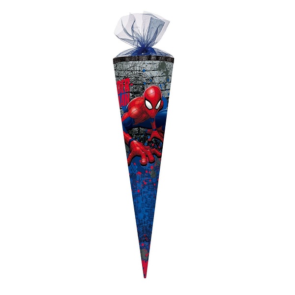 Große Spiderman Schultüte 85cm mit Spiderman vor Mauer Motiv blau grau mit Tüllverschluss