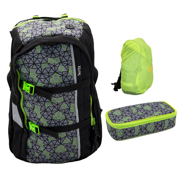 Twixter Green Geo Schulrucksack Set mit Schlamperetui und Regenschutz für Jungen