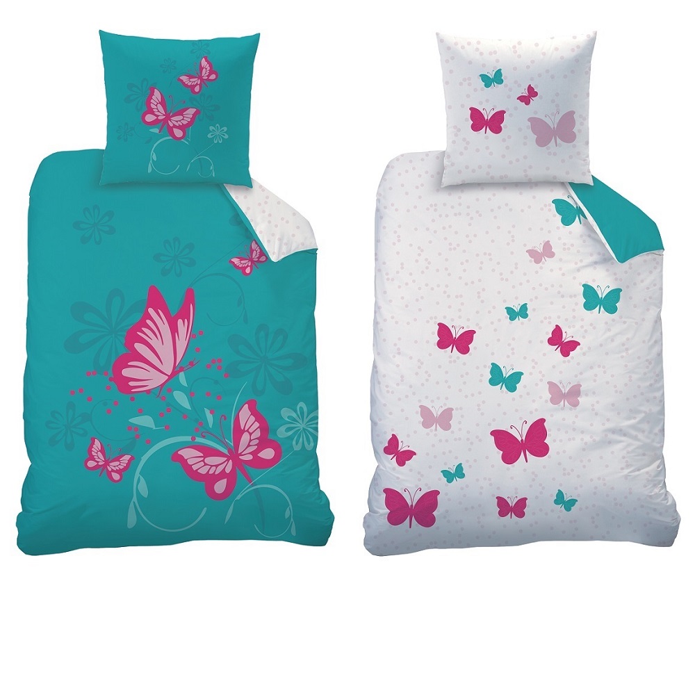Bettwäsche mit Schmetterling mit türkis weißer Wendeseite 135x200