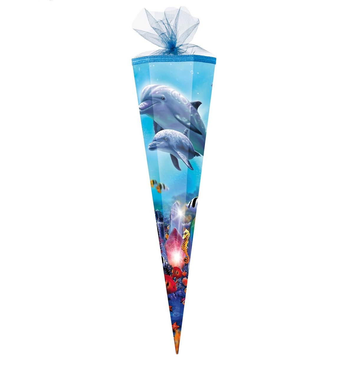 Schultüte 85 cm groß hellblau mit Meer Motiv Delfinen und Fischen