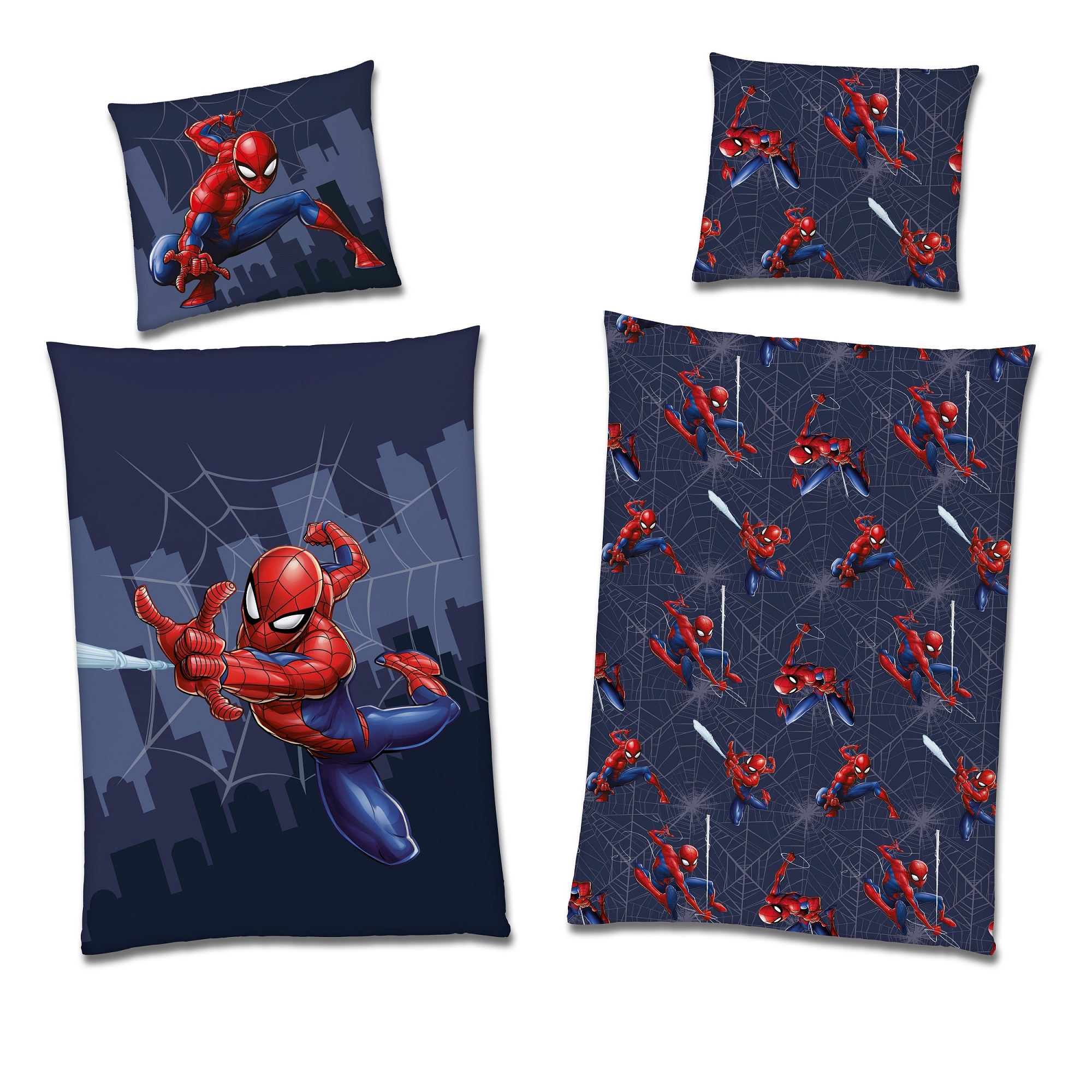 Spiderman Bettwäsche Set für Jungen blau mit Netz und Spinnen in der Stadt