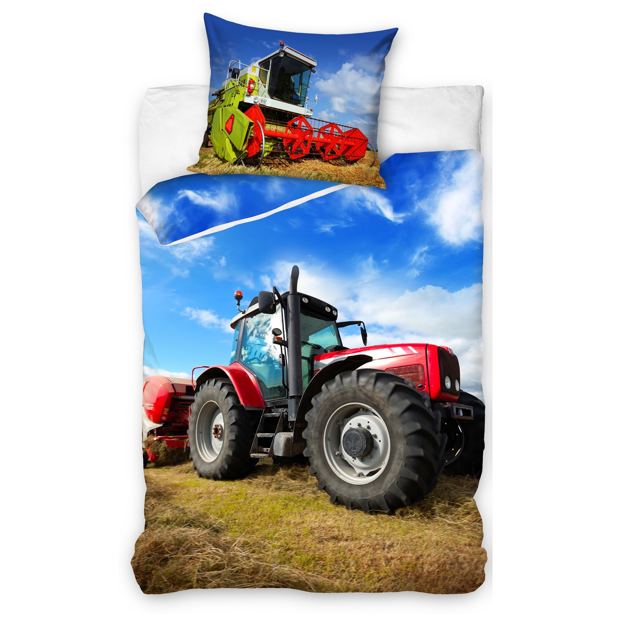 Vorderseite Bettwäsche mit rotem Traktor auf Bettdecke und grünem Mähdrescher auf Kopfkissen