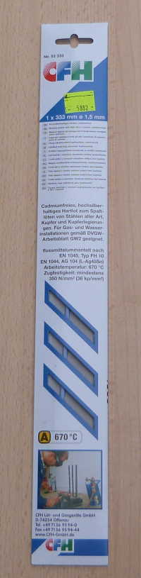 Silberhartlot Hochsilberhaltig cadmiumfrei 1Stab = ø 1,5x333 mm(5882#