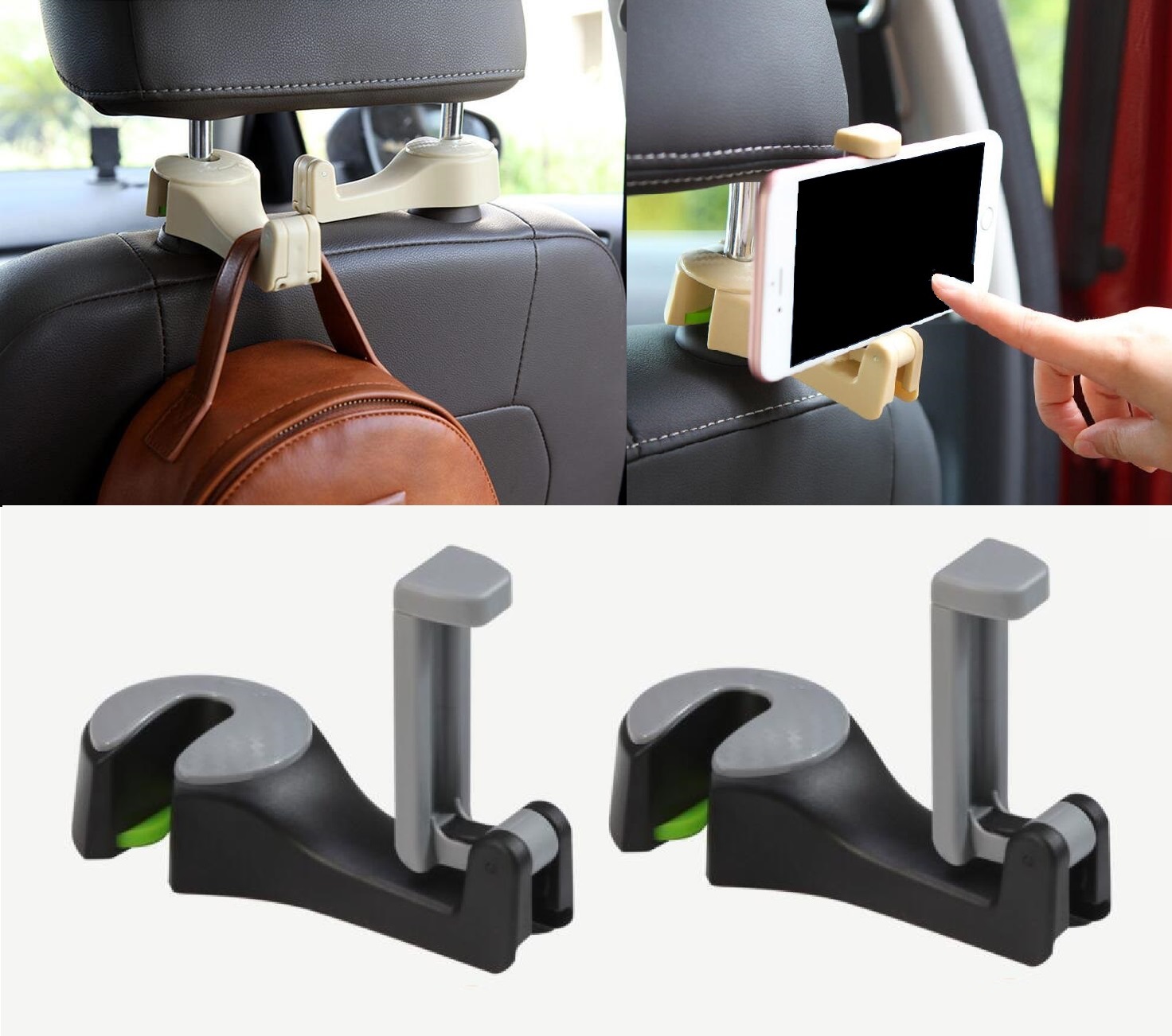 2x Car Headrests Holder for Mobile Phone/Bag Etc IN Grey Black