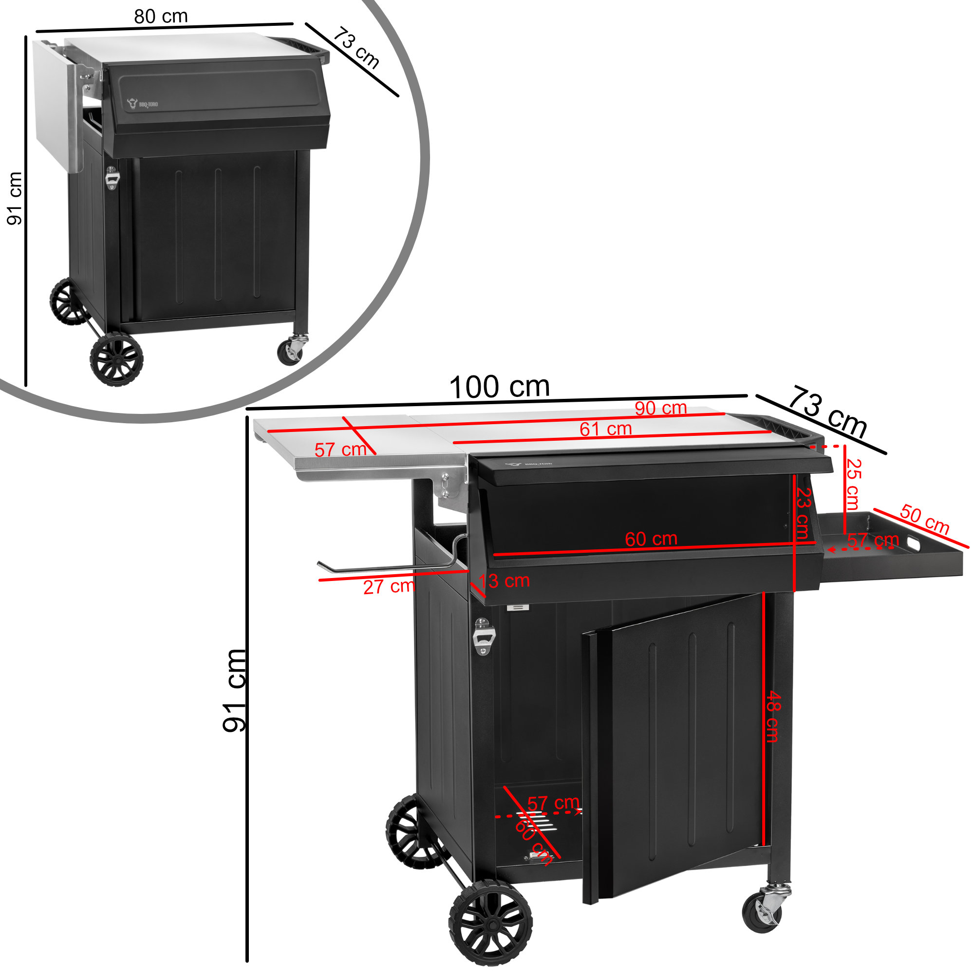 BBQ-Toro Grillwagen 100 x 73 x 91 cm, Schwarz, Grilltisch mit großer Arbeitsfläche, Beistelltisch