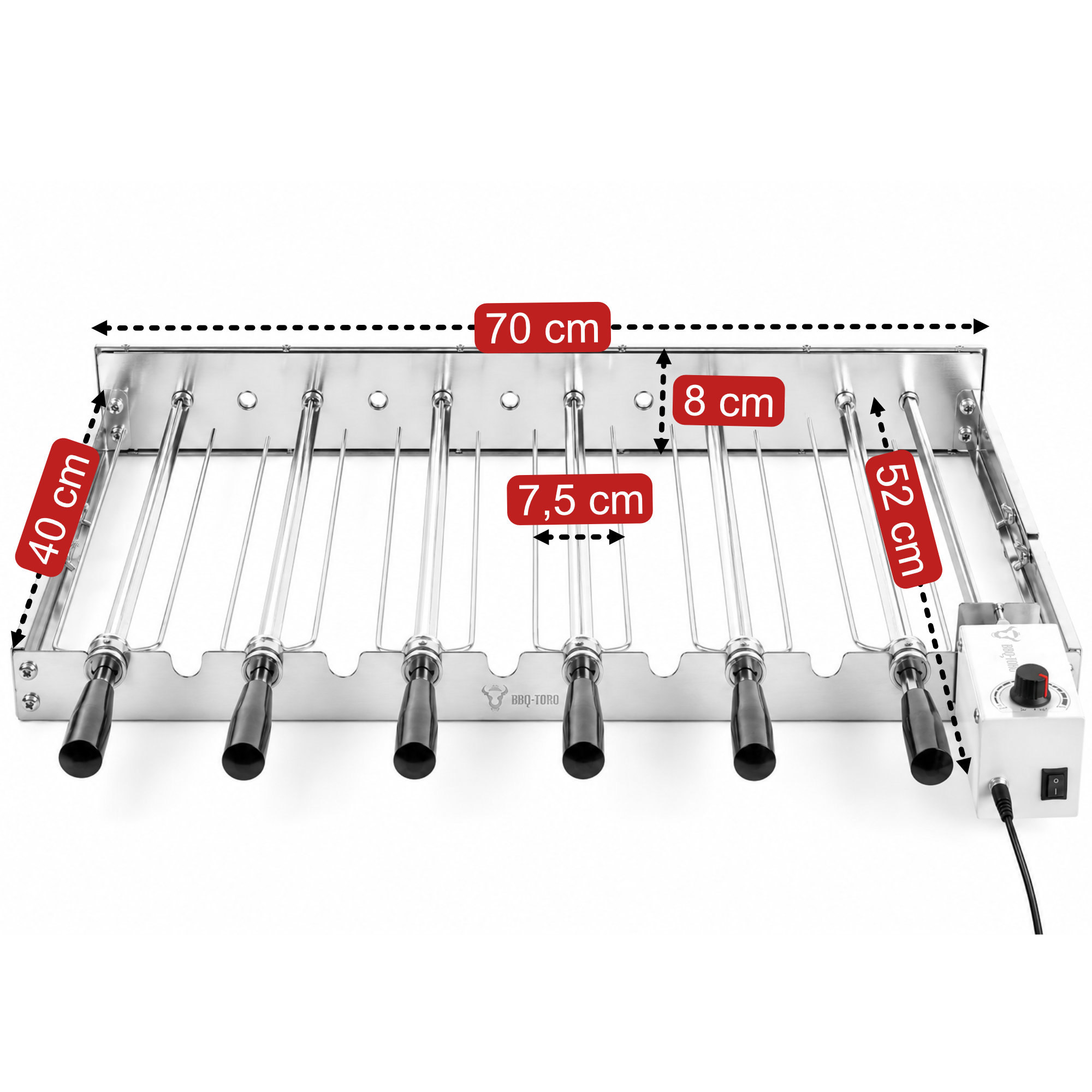 BBQ-Toro Edelstahl Grillaufsatz mit 6 Spießen, 70 x 40 cm, Motor rechts, mit Netzstecker und USB