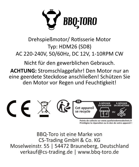 BBQ-Toro Edelstahl Grillaufsatz mit 6 Spießen, 70 x 40 cm, Motor rechts, mit Netzstecker und USB