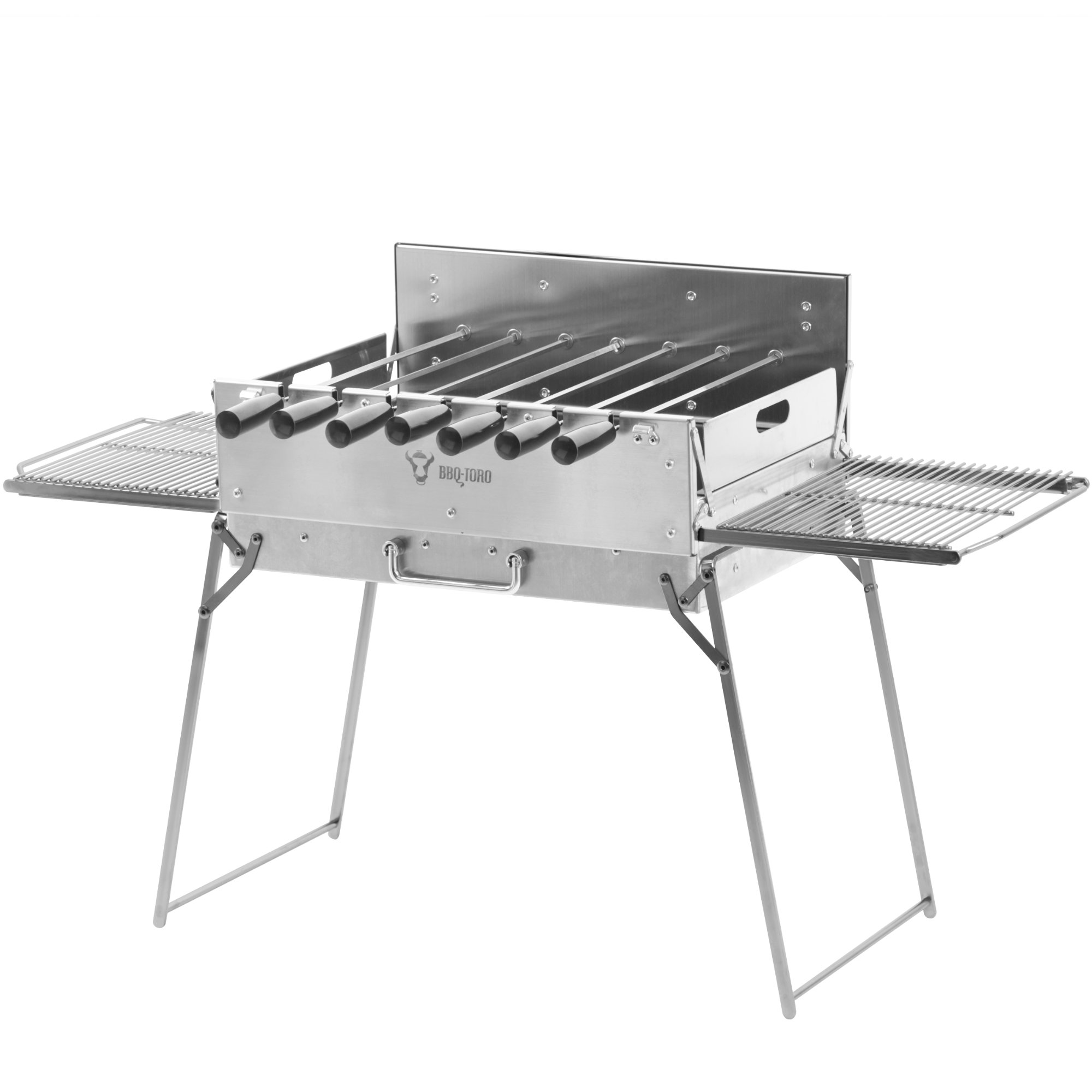 BBQ-Toro Holzkohlegrill mit elektrischem Spießdreher, Edelstahl, klappbar, Campinggrill mit Tragetasche und 7 Spießen