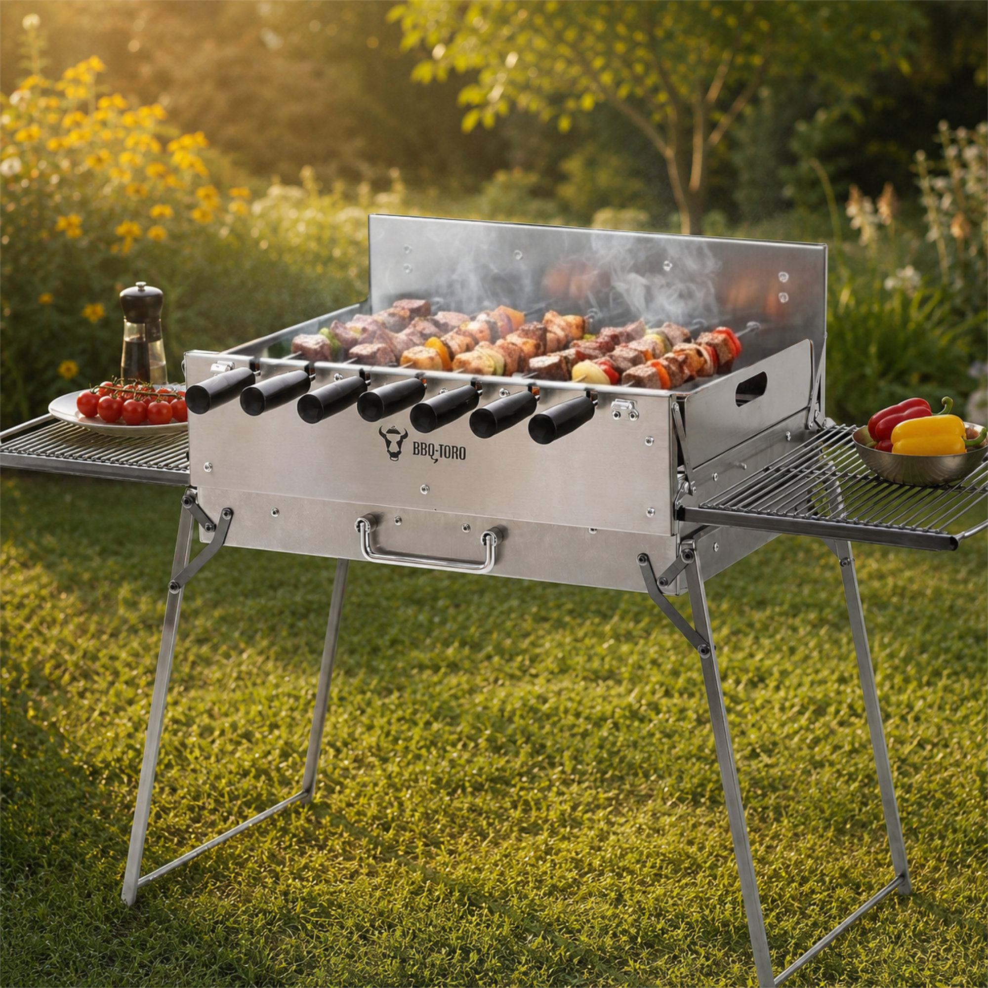 BBQ-Toro Holzkohlegrill mit elektrischem Spießdreher, Edelstahl, klappbar, Campinggrill mit Tragetasche und 7 Spießen