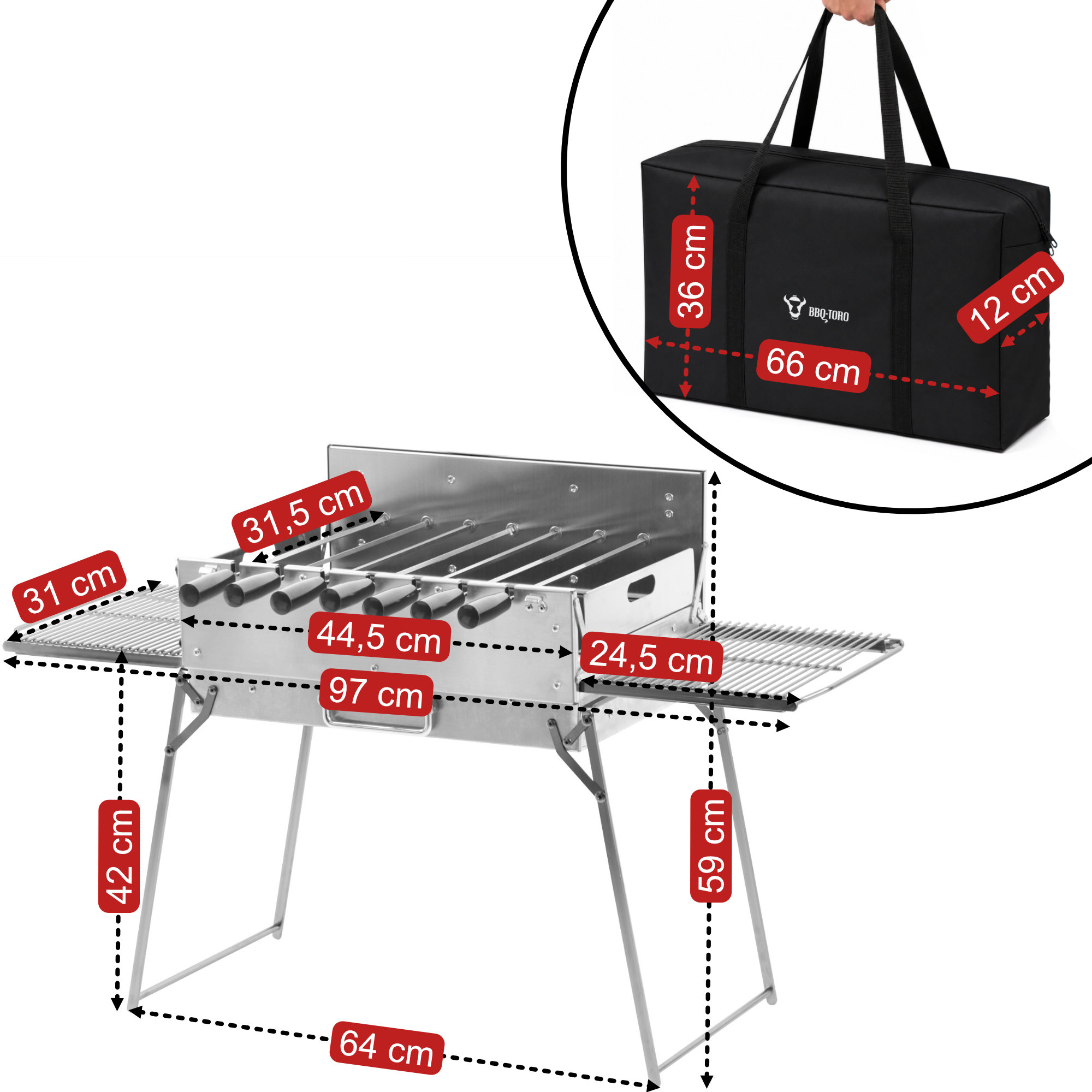 BBQ-Toro Holzkohlegrill mit elektrischem Spießdreher, Edelstahl, klappbar, Campinggrill mit Tragetasche und 7 Spießen