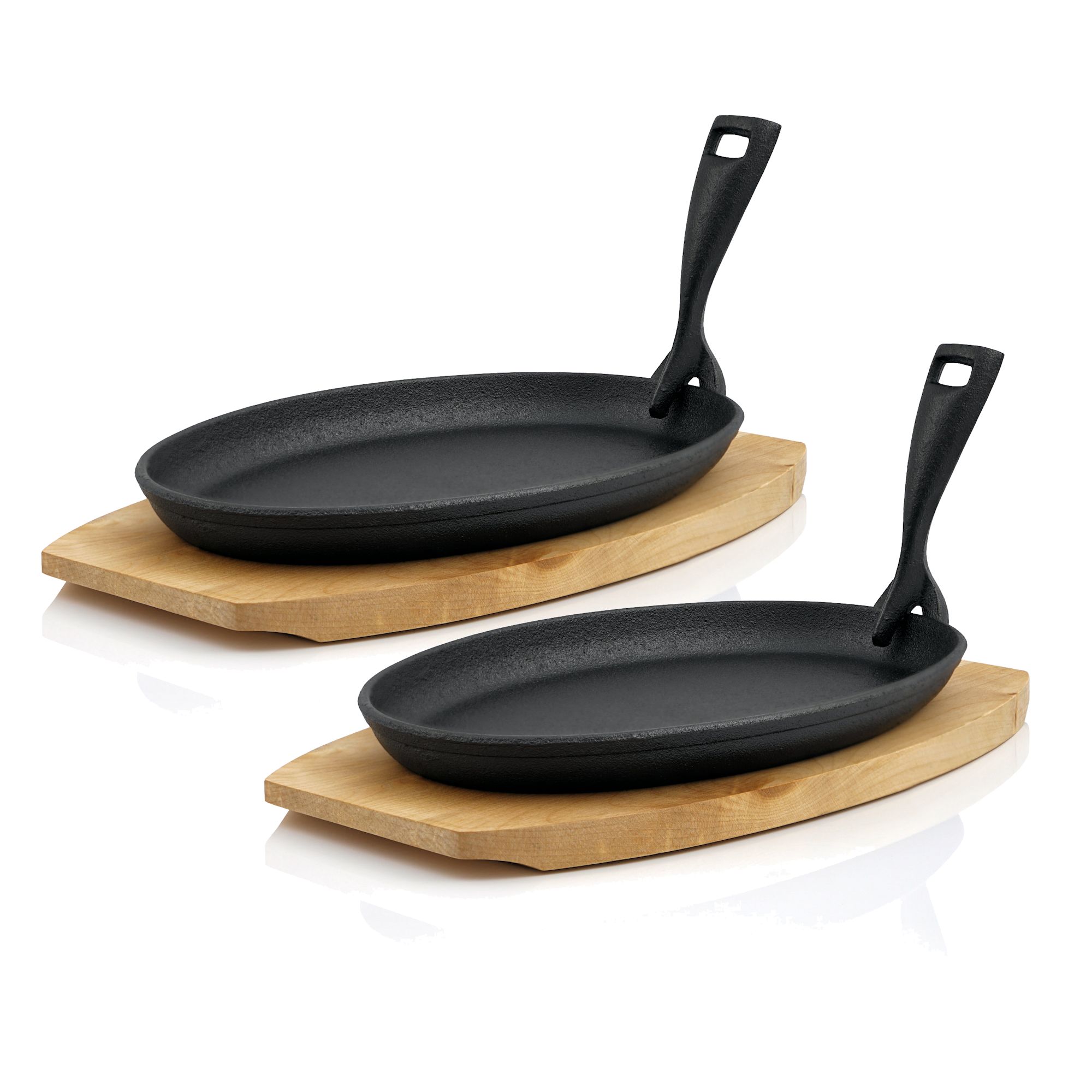 2er Set blank BBQ-Toro Gusseisen Servierpfännchen mit Holzunterlage Pfanne