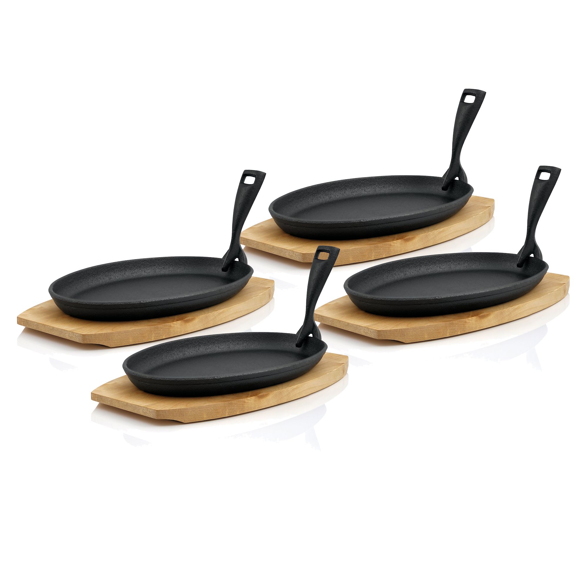 2er Set blank BBQ-Toro Gusseisen Servierpfännchen mit Holzunterlage Pfanne
