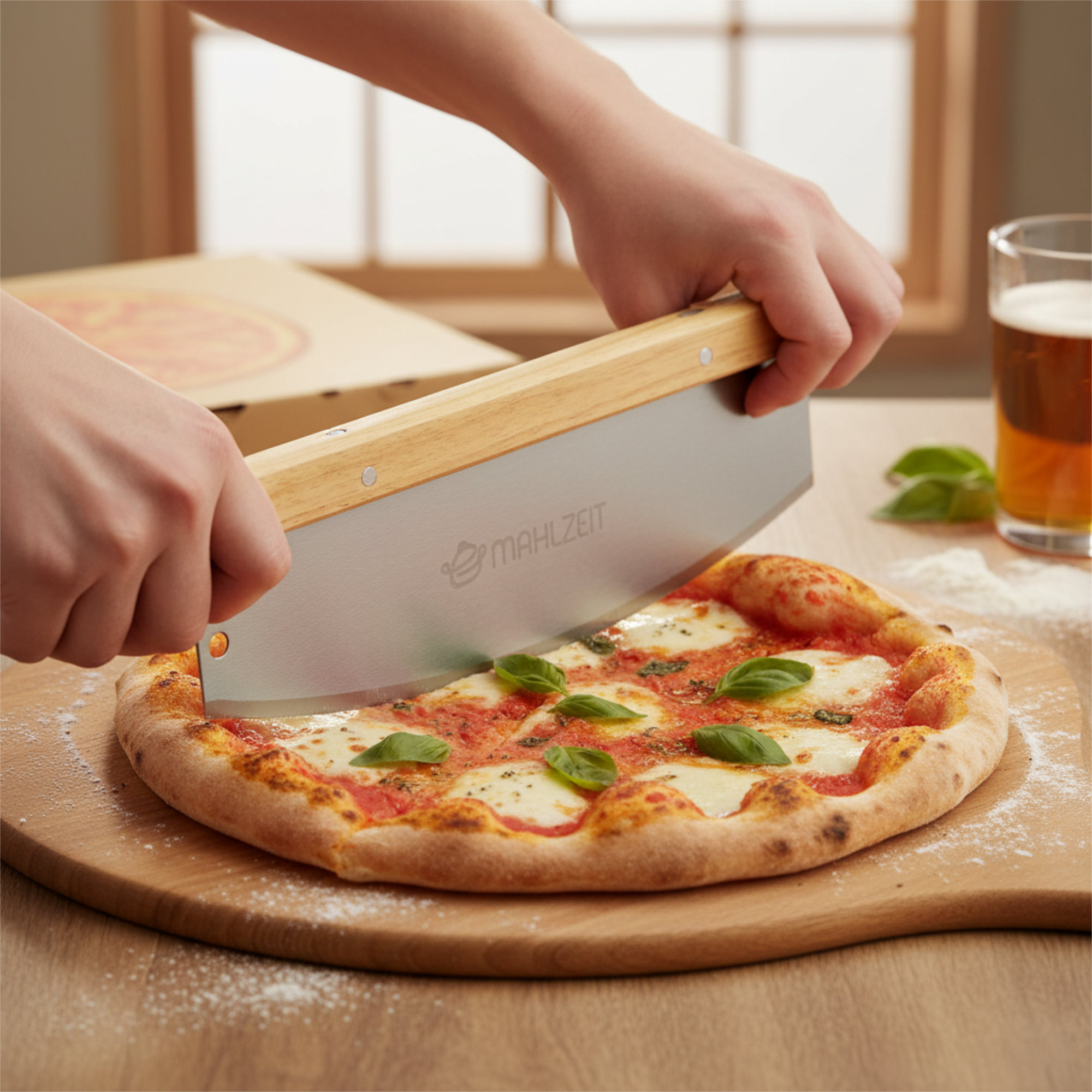 Mahlzeit Pizzamesser aus Edelstahl mit Bambusgriff , 36 x 12 cm, Wiegemesser, Pizzaschneider